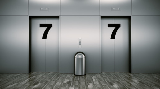 Render interior 3D zona ascensores de un edificio de oficinas
