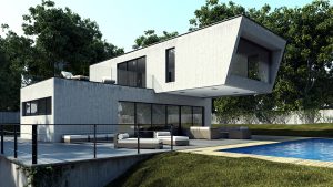 Vista diurna 3D de una casa unifamiliar
