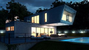 Vista nocturna 3D de una casa unifamiliar